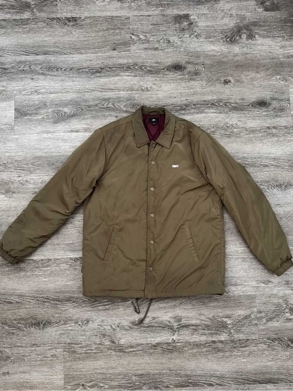 Obey Olive Green Lightweight Men’s Jacket with Burgundy Lining